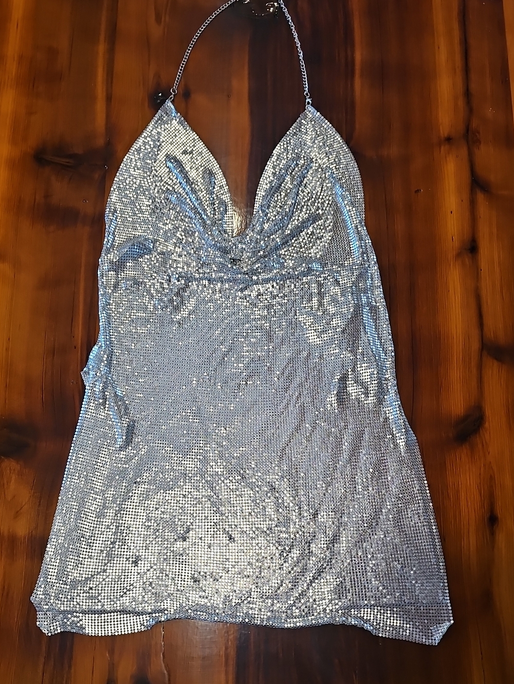 Y2K Silver Metallic Chainmail Halter Top – Backless Cowl Neck